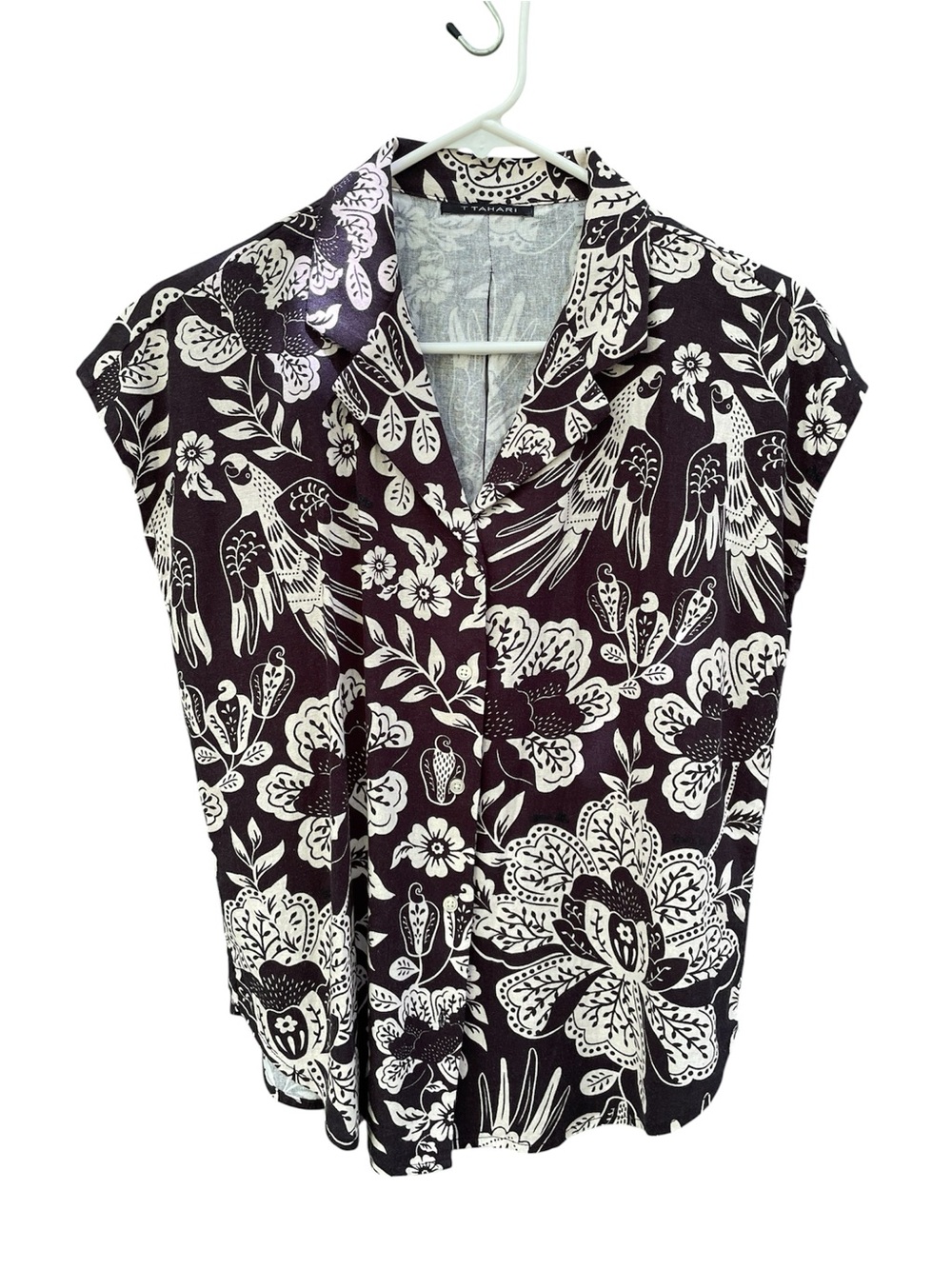 Tahari Black and Cream Floral & Bird Button-Front Linen shirt